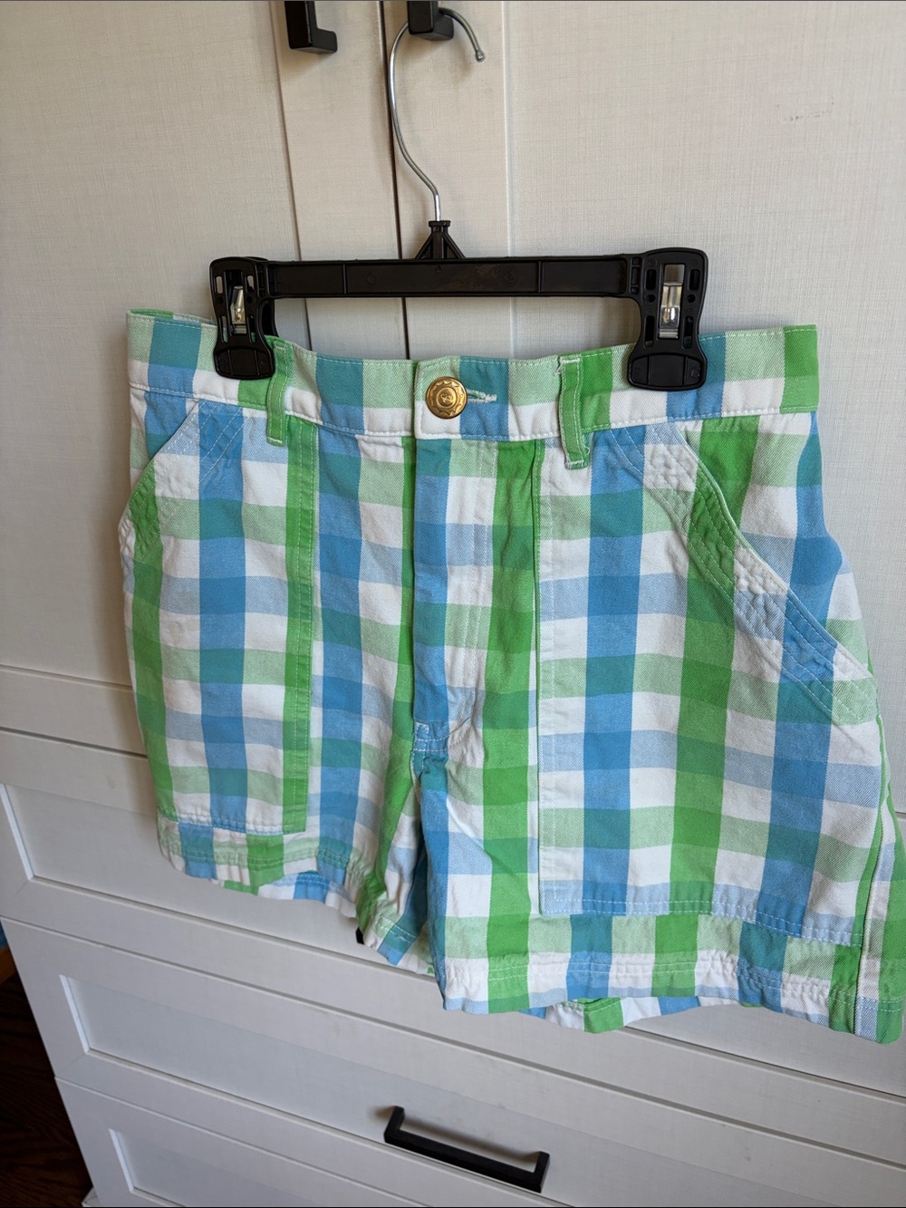 Women’s Big Bud Press Work Shorts, Blue, Green & White Plaid Flat Front